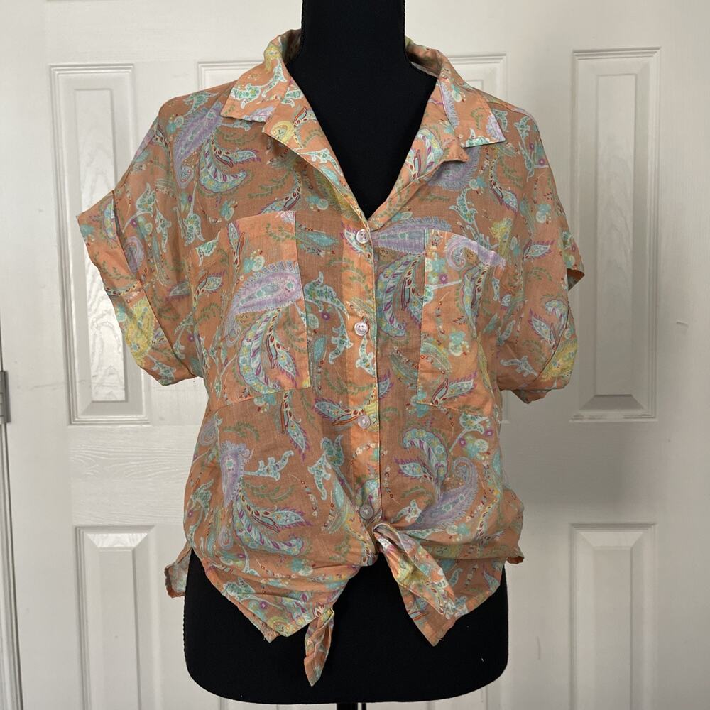 DEAR JOHN Women's Button Front Tie Paisley Print Size Small 100% Cotton